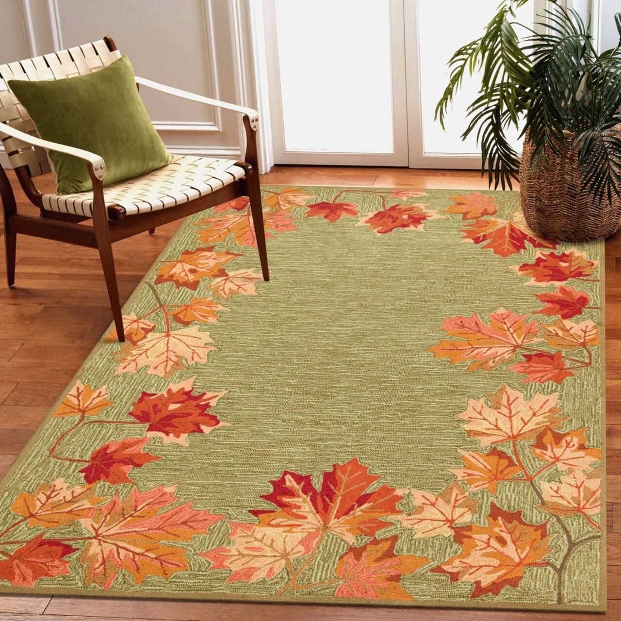 The Rug Department Liora Manne Ravella Falling Leaves Border Indoor Outdoor Area Rug Moss